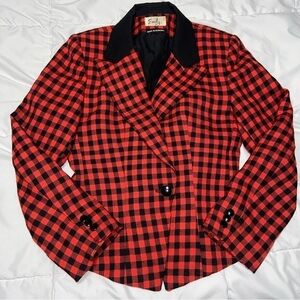 Emily | Wool Blend Red Buffalo Plaid Cropped Blazer Jacket Vintage 90’s